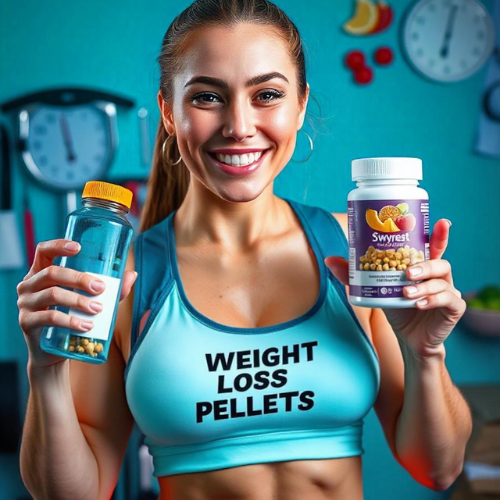 A vibrant image of a person smiling confidently, wearing athletic gear, holding a water bottle in one hand, and pointing to a visual of weight loss pellets. The background includes a subtle design of a scale, gym equipment, and healthy snacks. The text overlay says: 'Transform Your Weight Loss Journey with Pellets!' Bright and energetic colors like orange, teal, and white create a motivational vibe