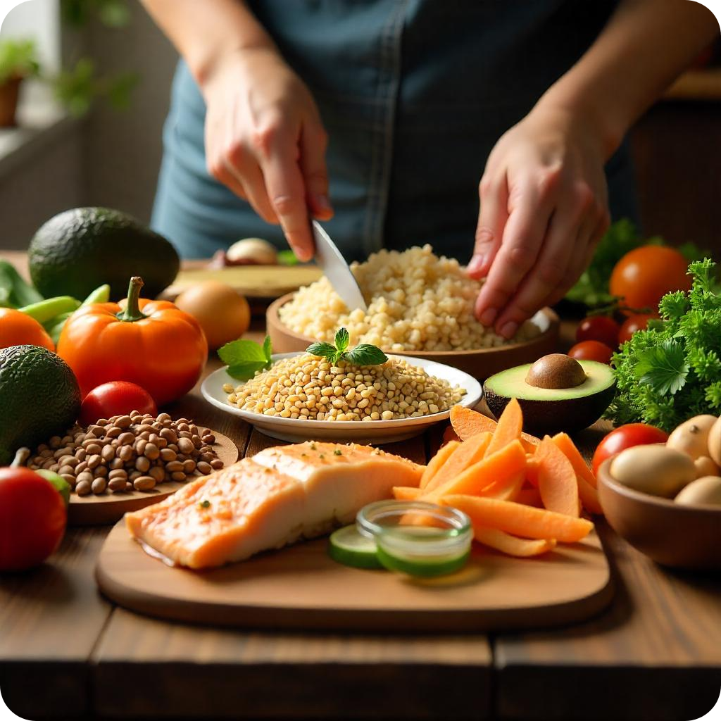 A balanced diet concept illustration: a clean and organized layout of healthy food items including lean proteins (chicken, fish, tofu, legumes), whole grains (brown rice, quinoa, oats), healthy fats (avocado, nuts, olive oil), and colorful vegetables and fruits. Arrange the foods in separate sections or groups on a wooden kitchen table with a rustic, natural background. Include a person preparing a meal or an open recipe book to emphasize health and balance