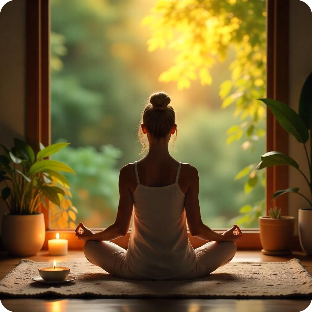 Stress management concept illustration: a calm and peaceful scene with a person practicing meditation or mindfulness. Include soothing elements like candles, soft lighting, and plants in a quiet, serene space, such as a cozy corner or a peaceful outdoor setting. Show the individual in a relaxed seated position, with a focus on deep breathing and mental clarity. Add visual symbols of stress relief, such as calm waves or tranquil nature scenes, to emphasize relaxation and well-being.