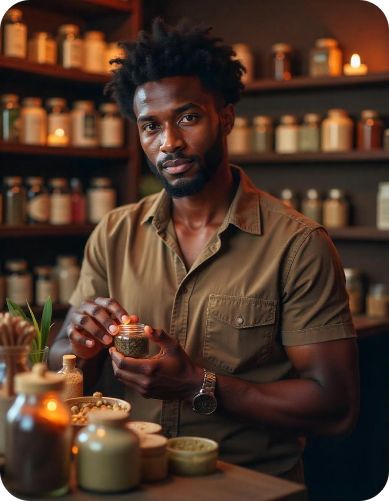 A person holding a small jar of shilajit resin with a backdrop of natural herbs and a wellness setting, symbolizing natural weight loss supplements