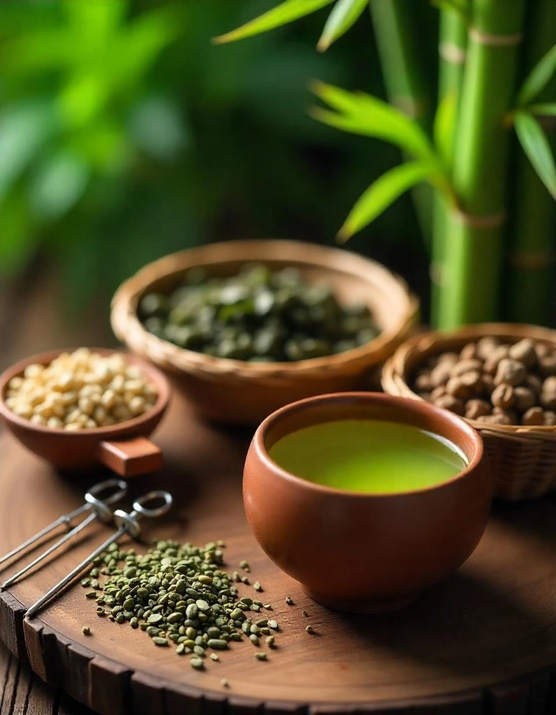 A traditional Chinese medicine setup with acupuncture needles, herbs, and a cup of green tea, symbolizing TCM for weight loss