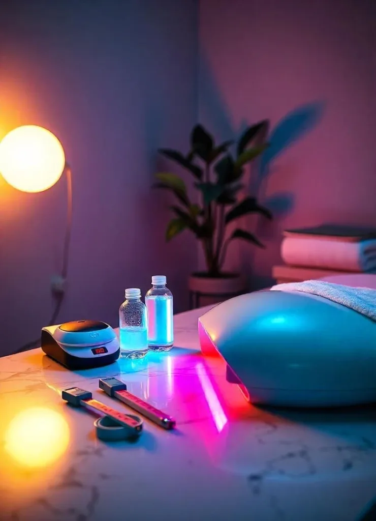 A calming spa room featuring a red light therapy device, surrounded by wellness and weight loss tools like measuring tapes and water bottles