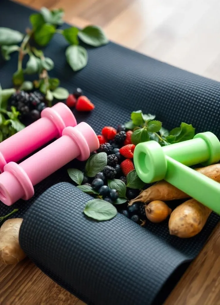 An aesthetically pleasing flat lay of fresh produce, fitness gear like a yoga mat or dumbbells, and water bottles, emphasizing a holistic, natural approach to weight loss