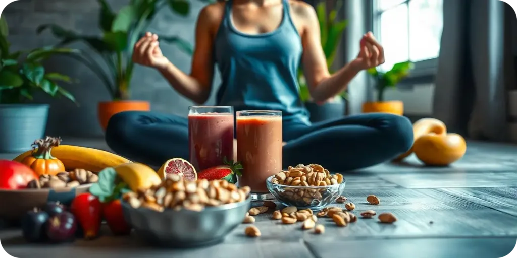 An image of a person doing yoga or meditating, surrounded by healthy foods like smoothies, fruits, and nuts for BRN weight loss