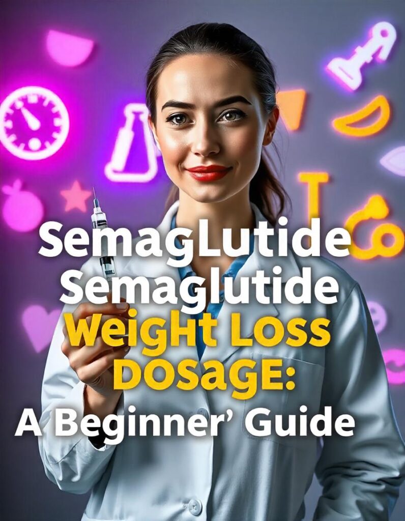 A professional-looking medical-themed design showing a female doctor in a white coat holding a syringe with a calm expression. The background includes subtle icons of a stethoscope, weighing scales, and healthy food items (e.g., fruits, vegetables). The title overlay says: 'Semaglutide Weight Loss Dosage: A Beginner’s Guide' in bold, clean font. The colors are predominantly white and blue, conveying trust and reliability.