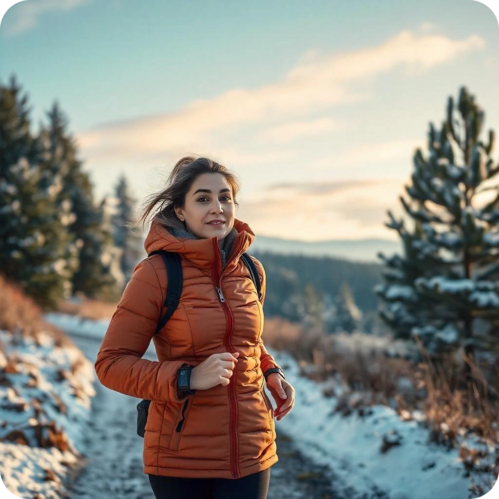 Illustration of a person walking outdoors on a scenic trail with a fitness tracker as a weight loss challenge idea