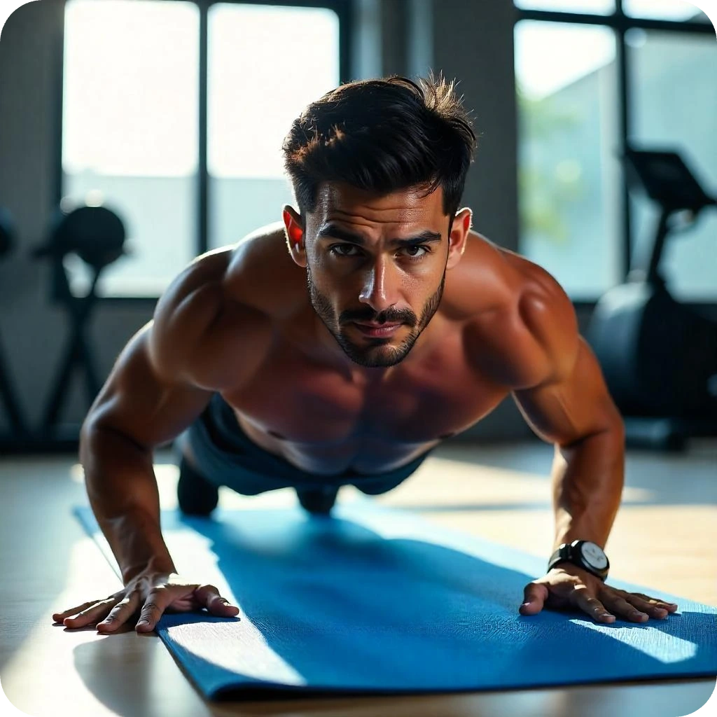 Person performing a plank exercise in a modern gym with a focused expression