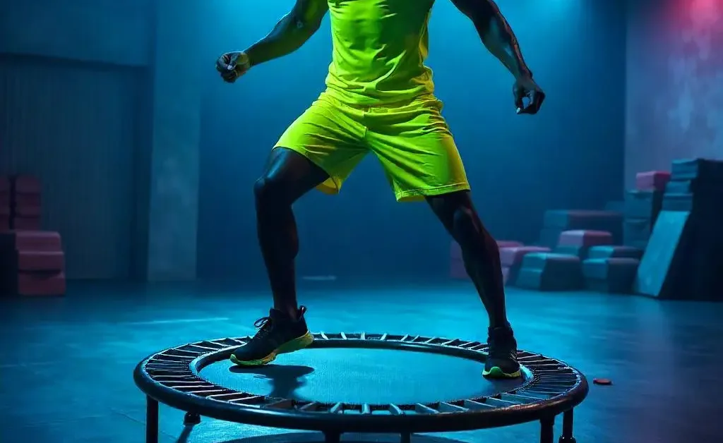 A person in athletic wear doing high knees on a rebounder in a well-lit gym, showcasing the intensity of a rebounding workout with a focus on balance and form.